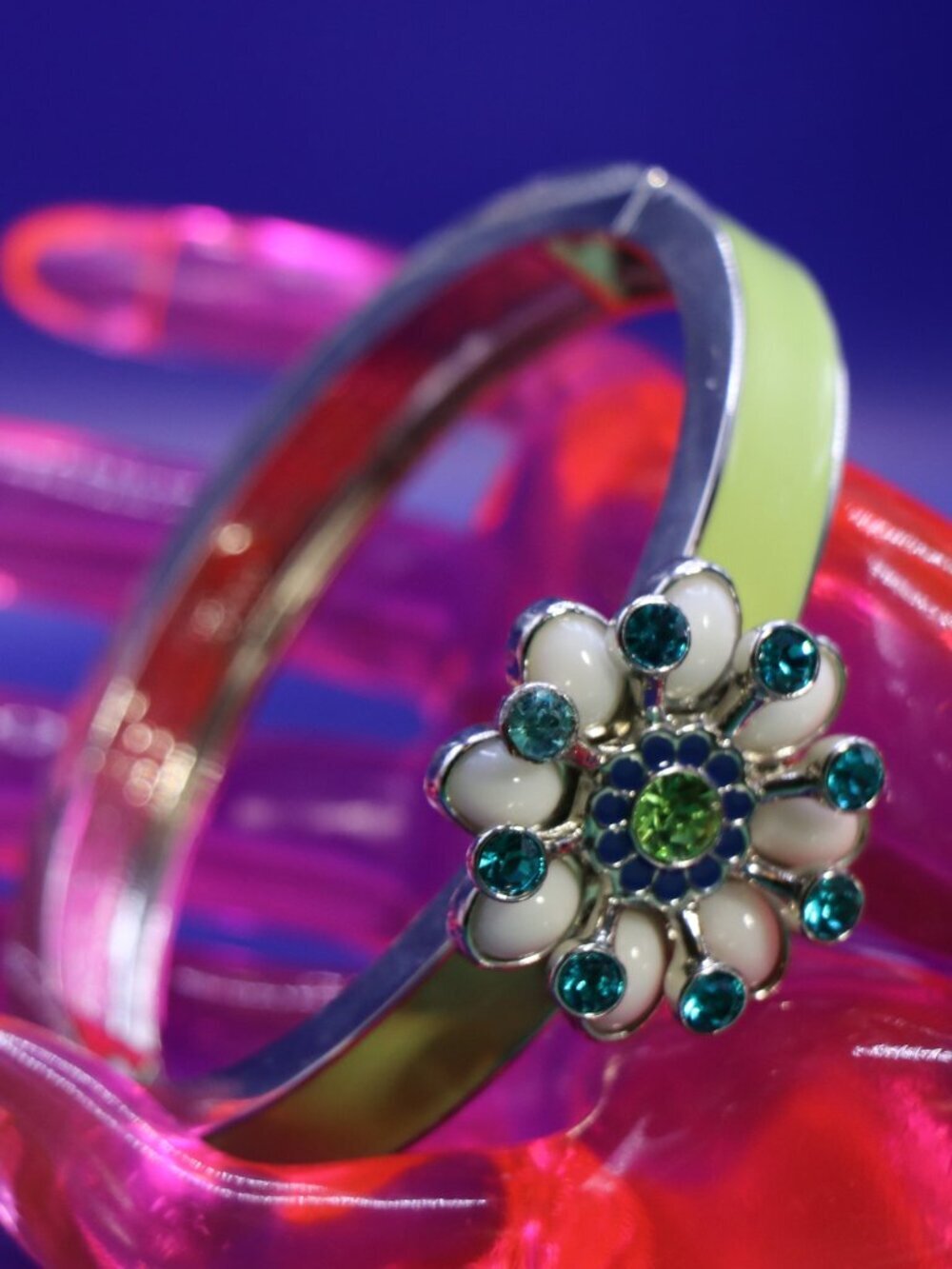 Lia Sophia Silver Tone Full Bloom Crystal Enamel Stretch Bracelet Signed